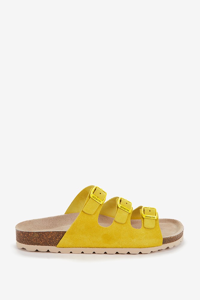 Abbacino Sandalia plana de mujer de piel y triple hebilla en amarillo Descuento por venta flash