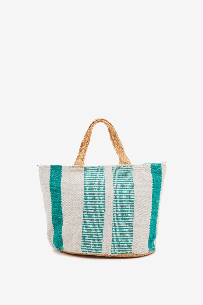 Abbacino Capazo pequeño de rafia con print a rayas blanco y turquesa Libre de impuestos