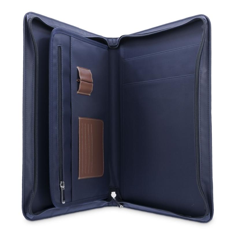 El potro Porta documentos unisex en lona azul y piel vacuno color cuero-Paris Superdescuento