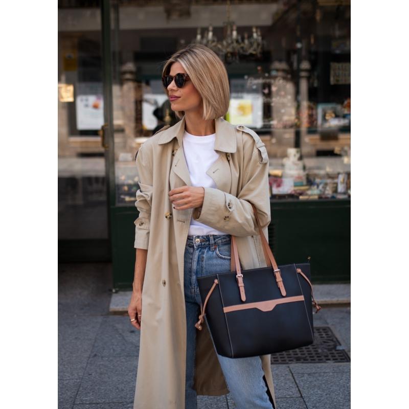 El potro Bolso Shopping mujer en lona y piel vacuno color negro - Base Descuento