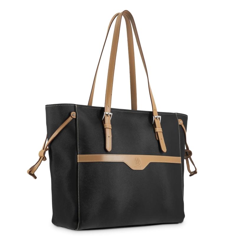 El potro Bolso Shopping mujer en lona y piel vacuno color negro - Base Descuento