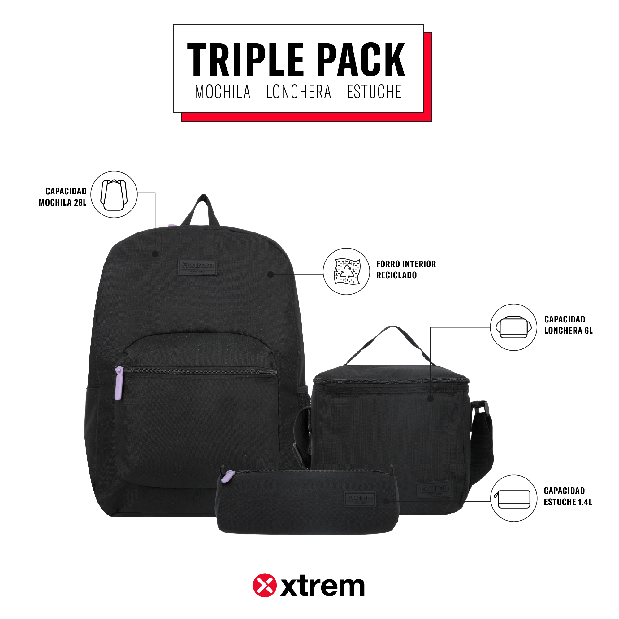 saxoline Set mochila + lonchera + estuche Triple Pack negro/morado Superdescuento