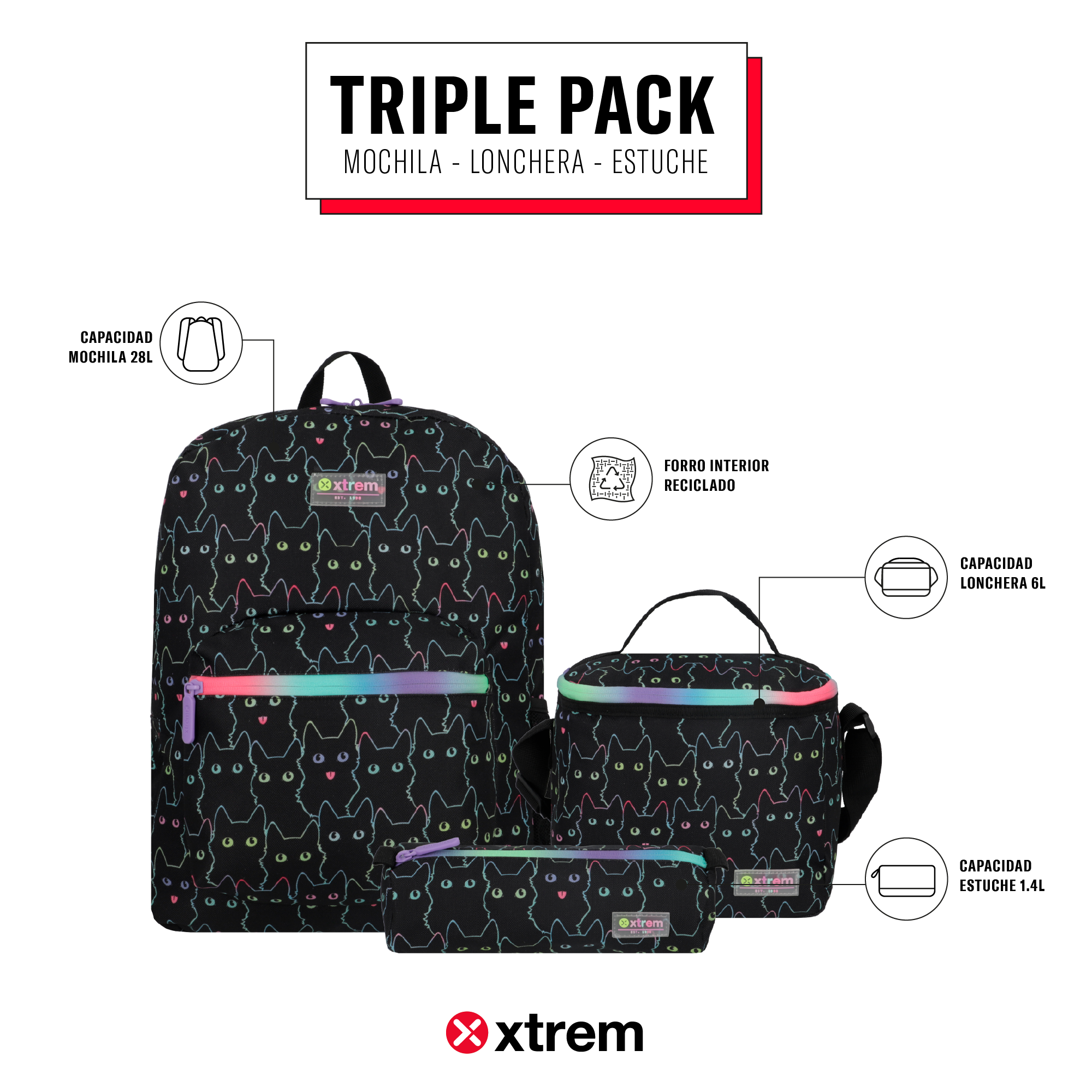saxoline Set mochila + lonchera + estuche Triple Pack negro gatos Limitado a 3 días