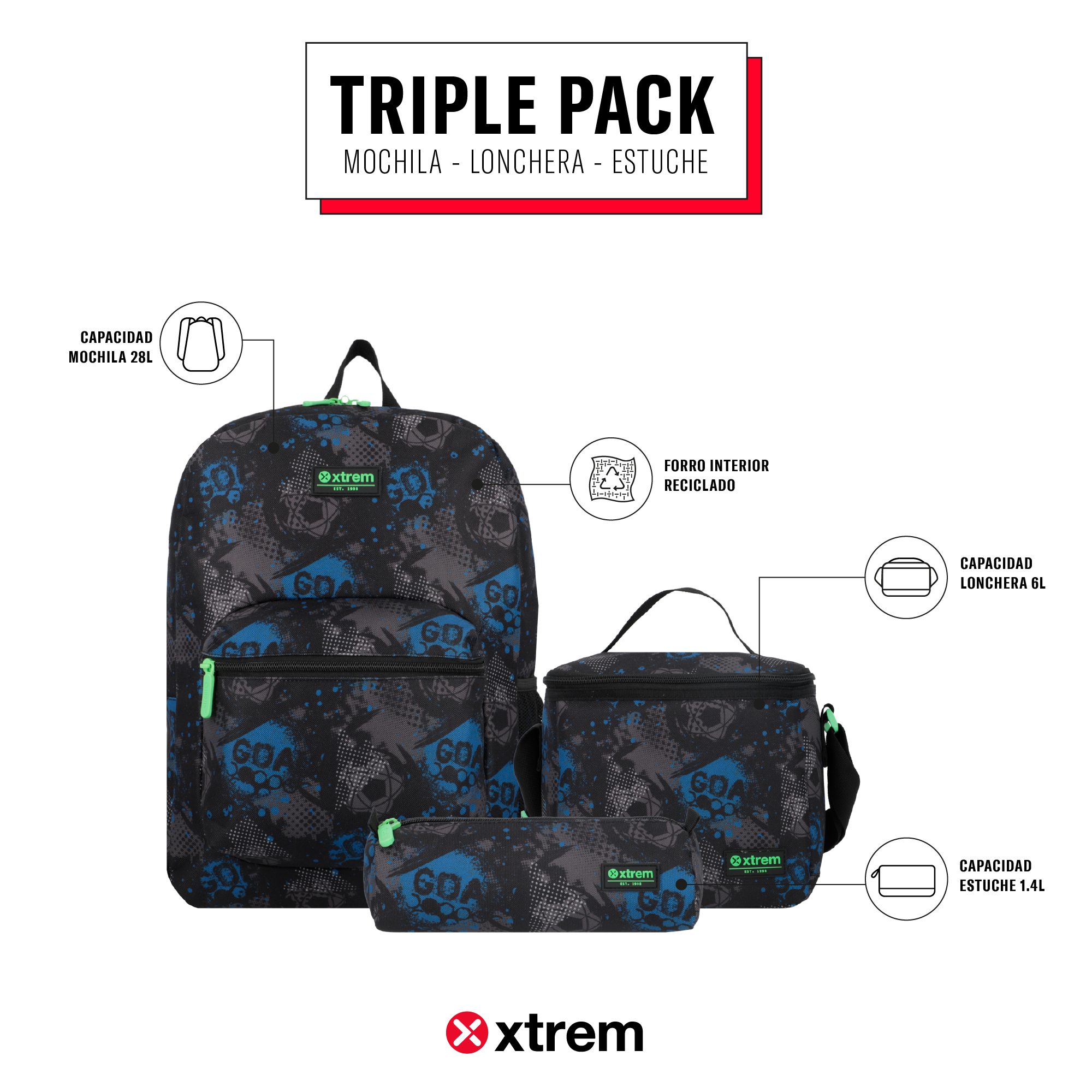 saxoline Set mochila + lonchera + estuche Triple Pack negro fútbol Ahorra y exporta