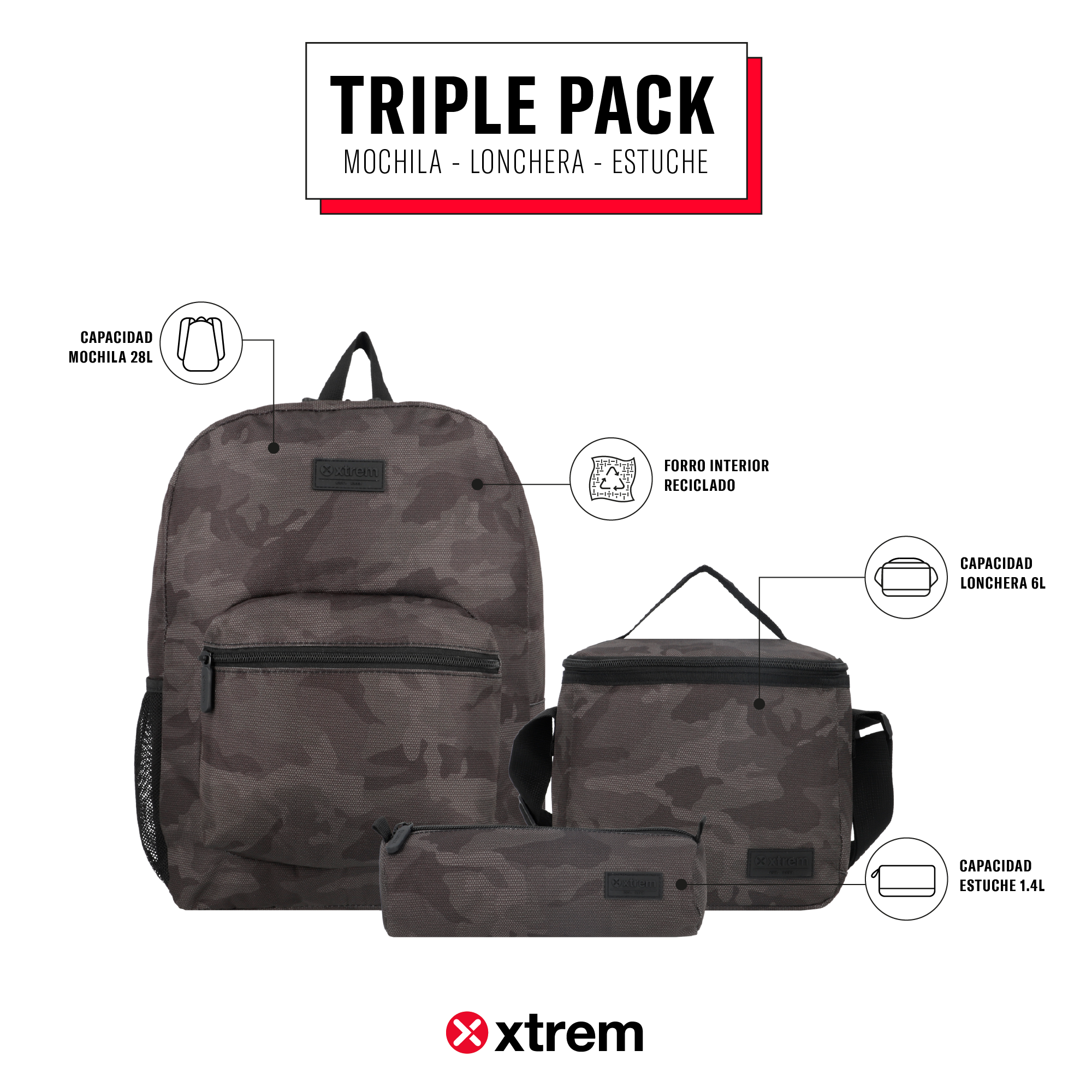 saxoline Set mochila + lonchera + estuche Triple Pack verde camo En oferta