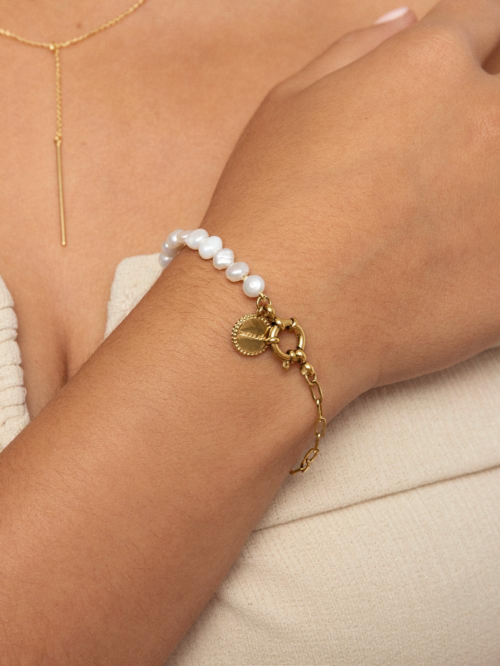 singularu Pulsera Chic Pearl Acero Baño Oro Oferta especial de fábrica