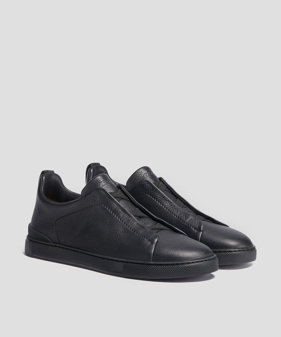 Zegna Tenis casuales Triple Stitch en piel negra Hombre Promoción por tiempo limitado