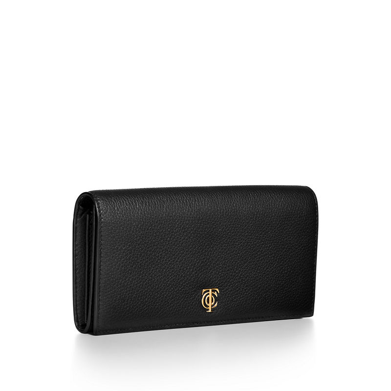 Tiffany & Co. T&CO. Cartera continental de solapa de piel color negro Precios de Black Friday