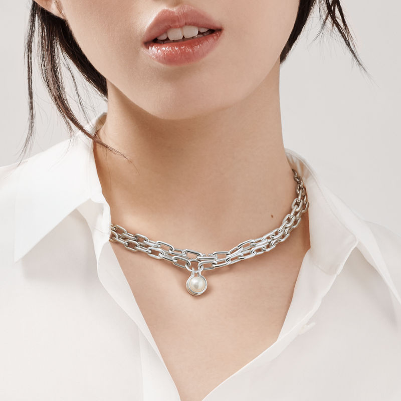 Tiffany & Co. Tiffany HardWear Collar de perla de agua dulce de plata de ley 81 3 cm de plata de ley Tienda