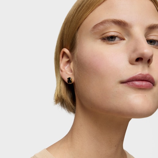 Tous Pendientes oso con baño de oro 18 kt sobre plata y ónix 10 mm Icon Color Grandes descuentos