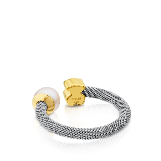 Tous Anillo de acero y oro con perla cultivada motivo oso Icon Mesh Tienda de fábrica