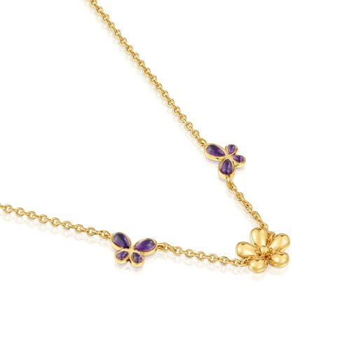 Tous Collar corto con baño de oro de 18 kt sobre plata y amatista Daisy Grandes ahorros